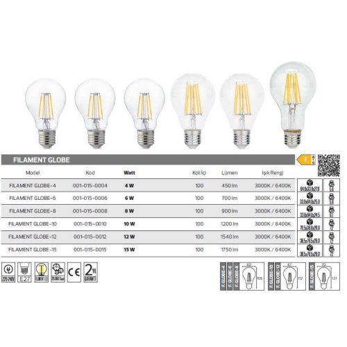 Horoz Filament Globe-15 15W E27 Filament LED  Ampul 001-015-0015